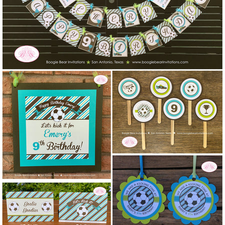 Retro Soccer Birthday Party Package Boy Girl Aqua Blue Lime Green Goal Keeper Team Sports Foot Ball Kick Boogie Bear Invitations Emery Theme