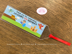 Dragon Knight Birthday Party Bookmarks Favor Boy Soldier Shield Red Brown Blue Flying Hero Slayer Boogie Bear Invitations Lawson Theme