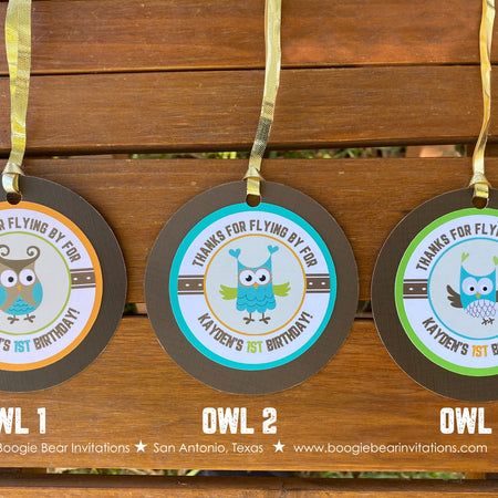 Forest Owls Party Favor Tags Birthday Girl Boy Retro Woodland Animals Birds Creatures Retro Vintage Fly Boogie Bear Invitations Kayden Theme
