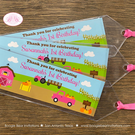 Pink Farm Harvest Birthday Party Bookmarks Favor Girl Boy Truck Barn Country Gift Pumpkin Fall Autumn Boogie Bear Invitations Susannah Theme