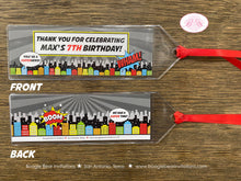 Load image into Gallery viewer, Superhero Birthday Party Bookmarks Favor Boy Girl Super Hero Skyline Comic Book Cityscape Red Black Caper Boogie Bear Invitations Max Theme