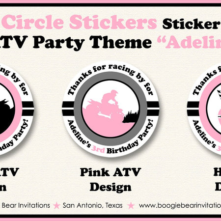 Pink ATV Birthday Party Stickers Circle Sheet Round Girl Black All Terrain Vehicle Quad 4 Wheeler Race Boogie Bear Invitations Adeline Theme