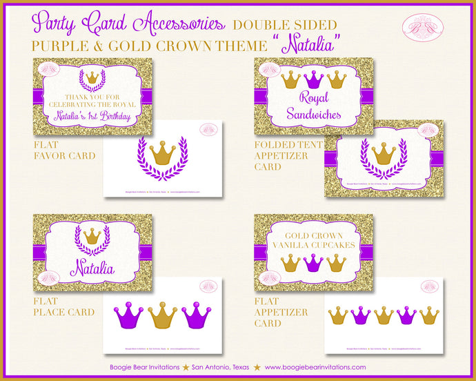 Purple Gold Crown Birthday Favor Party Card Tent Place Food Appetizer Girl Royal Princess Queen Castle Boogie Bear Invitations Natalia Theme