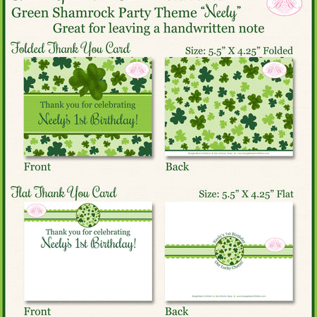Lucky Charm Party Thank You Card Birthday Girl Boy St. Patricks Day Green 4 Leaf Shamrock Clover Boogie Bear Invitations Neely Theme Printed