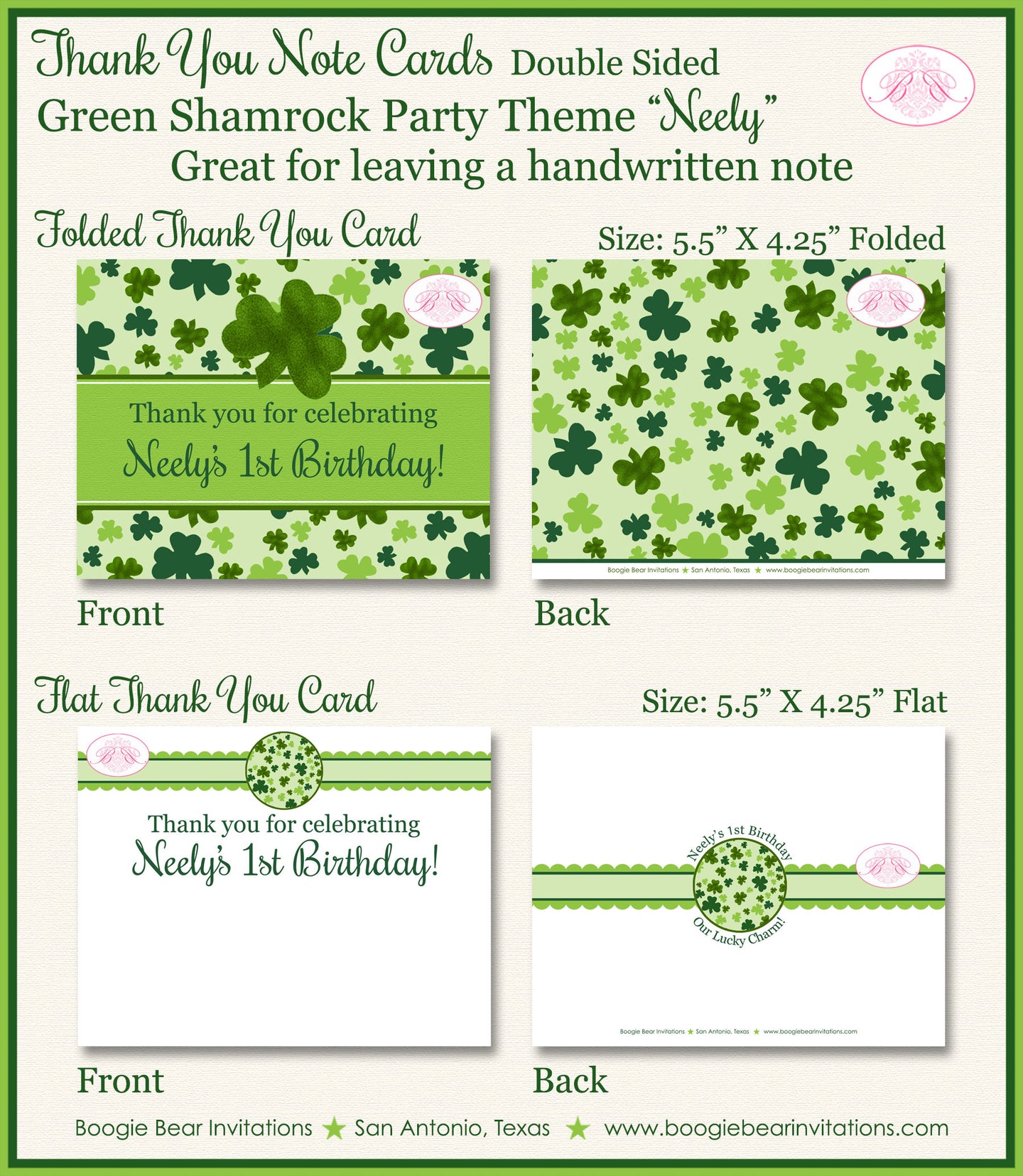 Lucky Charm Party Thank You Card Birthday Girl Boy St. Patricks Day Green 4 Leaf Shamrock Clover Boogie Bear Invitations Neely Theme Printed