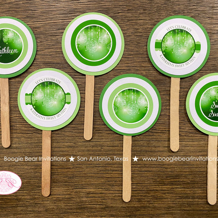 Green Glowing Ornaments Party Cupcake Toppers Birthday St. Patrick's Day Sweet 16 Girl Formal Elegant Boogie Bear Invitations Kathleen Theme