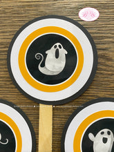 Load image into Gallery viewer, Halloween Ghosts Birthday Party Cupcake Toppers Cake Display Spider Web Pumpkin Hey Boo Spooky Boy Girl Boogie Bear Invitations Marley Theme