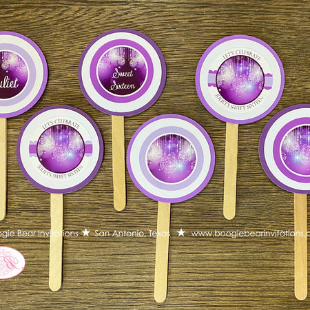 Purple Glowing Ornaments Party Cupcake Toppers Birthday Violet Plum Pink Glow Sweet 16 Formal Elegant Boogie Bear Invitations Juliet Theme