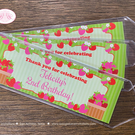 Pink Strawberry Birthday Party Bookmarks Favor Girl Red Green Sweet Fruit Strawberries Picking Garden Boogie Bear Invitations Felicity Theme