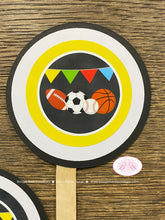 Load image into Gallery viewer, Sports Birthday Cupcake Toppers Set Football Baseball Soccer Basketball Boy Girl Athletic Game Ball Red Boogie Bear Invitation Alfie Theme