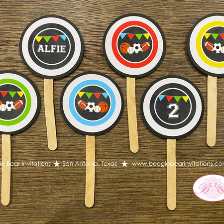 Sports Birthday Cupcake Toppers Set Football Baseball Soccer Basketball Boy Girl Athletic Game Ball Red Boogie Bear Invitation Alfie Theme