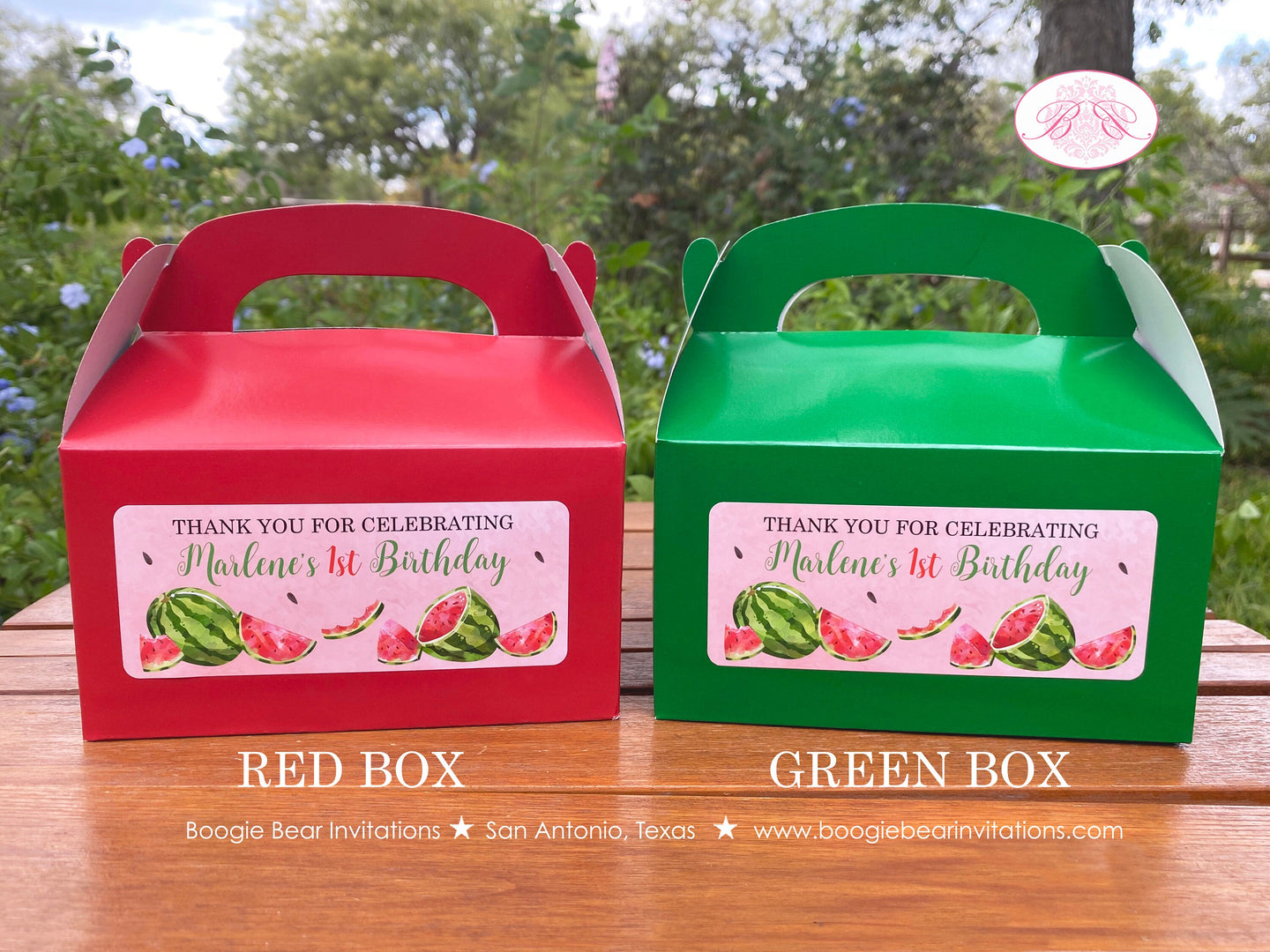 Red Watermelon Party Treat Boxes Birthday Favor Bag Girl One In a Melon Two Sweet Green Summer Fruit Boogie Bear Invitations Marlene Theme