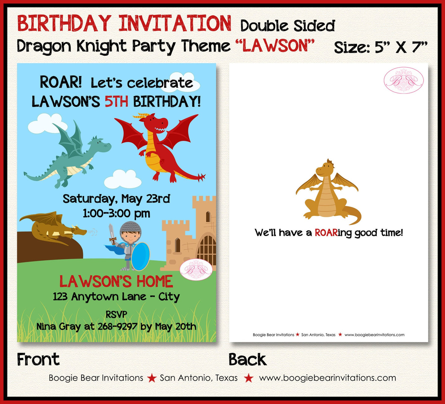 Dragon Knight Birthday Party Invitation Castle Shield Brave Sword Boy Girl Boogie Bear Invitations Lawson Theme Paperless Printable Printed