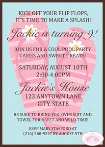 Flip Flop Pool Birthday Party Invitation Beach Pink Girl Swimming Splash Boogie Bear Invitations Jackie Theme Paperless Printable Printed