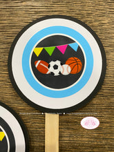 Load image into Gallery viewer, Pink Sports Birthday Cupcake Toppers Set Football Baseball Soccer Basketball Girl Athletic Game Ball Boogie Bear Invitation Allie Theme