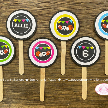 Pink Sports Birthday Cupcake Toppers Set Football Baseball Soccer Basketball Girl Athletic Game Ball Boogie Bear Invitation Allie Theme