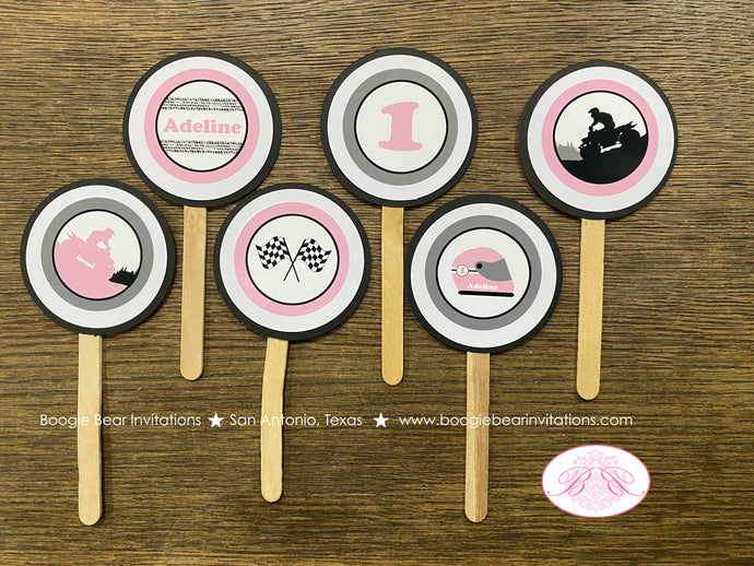 ATV Birthday Party Cupcake Toppers Quad Girl Pink Black All Terrain Vehicle Off Road 4 Wheeler Boogie Bear Invitations Adeline Theme