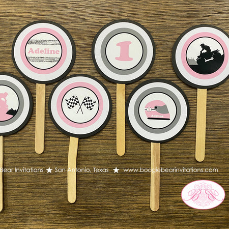 ATV Birthday Party Cupcake Toppers Quad Girl Pink Black All Terrain Vehicle Off Road 4 Wheeler Boogie Bear Invitations Adeline Theme