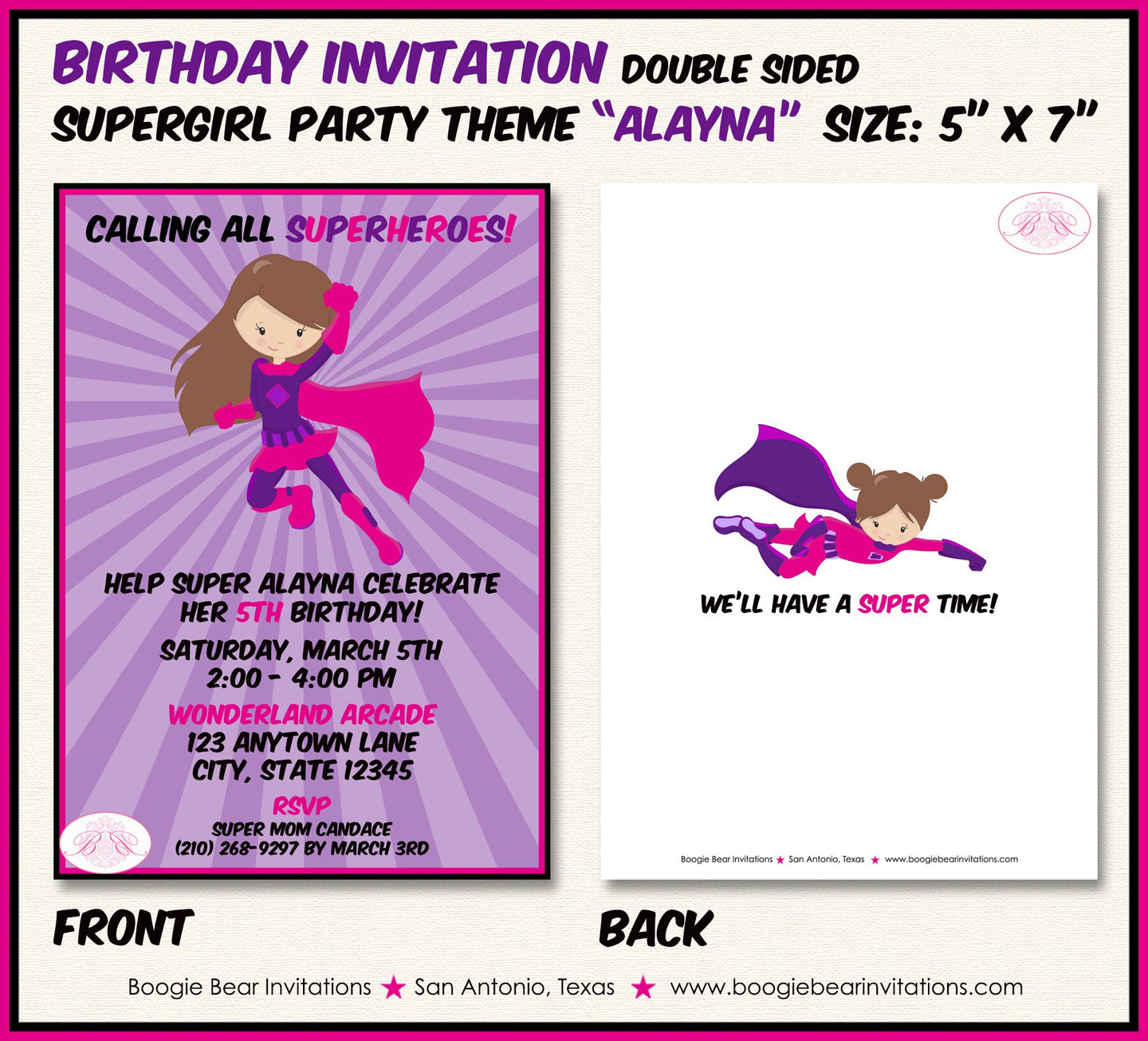 Superhero Girl Birthday Party Invitation Pink Supergirl Super Hero Girl Fly Boogie Bear Invitations Alayna Theme Paperless Printable Printed