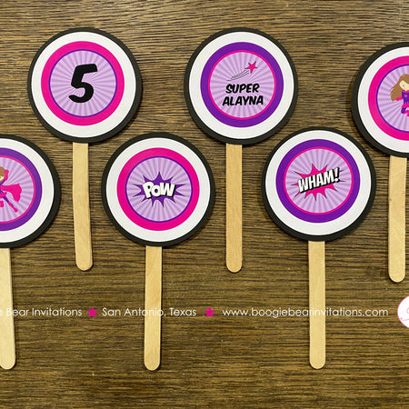 Super Girl Party Cupcake Toppers Birthday Set Superhero Comic Black Pink Purple Wham Supergirl Hero Boogie Bear Invitations Alayna Theme