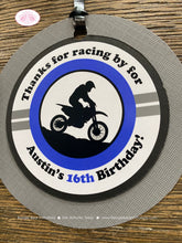 Load image into Gallery viewer, Blue Dirt Bike Birthday Party Favor Tags Black Grey Boy Girl Motorcycle Motocross Enduro Sports Racing Boogie Bear Invitations Austin Theme