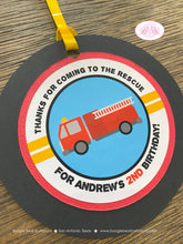 Load image into Gallery viewer, Red Fire Truck Birthday Party Favor Tags Fireman Man Firefighter Engine Fighter Cadet Hero Black Yellow Boogie Bear Invitations Andrew Theme