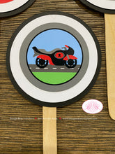 Load image into Gallery viewer, Motorcycle Birthday Party Cupcake Toppers Racing Red Black Enduro Motocross Street Race Track Racing Boogie Bear Invitations Giacomo Theme