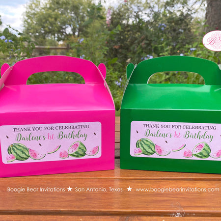 Pink Watermelon Party Treat Boxes Birthday Favor Bag Girl One In a Melon Two Sweet Green Summer Fruit Boogie Bear Invitations Darlene Theme