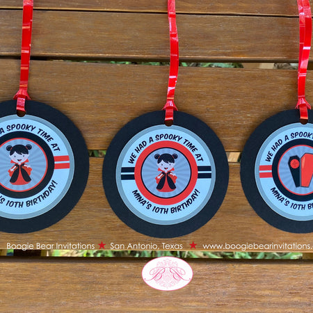 Vampire Girl Birthday Party Favor Tags Girl Halloween Full Moon Red Blood Dracula Black Bat Coffin Spooky Boogie Bear Invitations Mina Theme