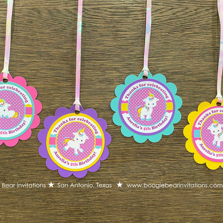 Rainbow Unicorn Party Favor Tags Birthday Cake Display Girl Pink Blue Purple Magic Pony Heart Horse Boogie Bear Invitations Aurelia Theme