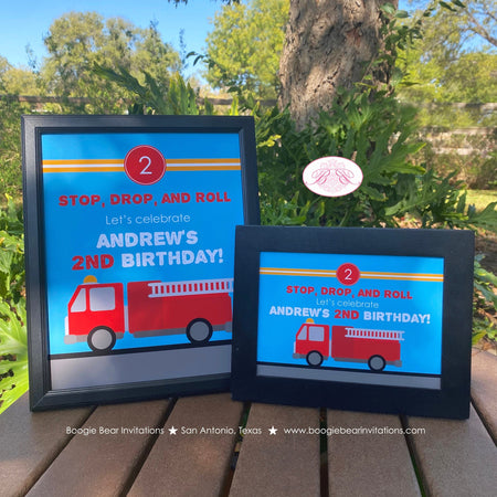 Fire Truck Birthday Party Sign Poster Fireman Man Firefighter Engine EMT Emergency Fighter Boy Hero Boogie Bear Invitations Andrew Theme
