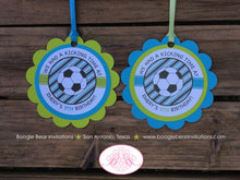 Load image into Gallery viewer, Retro Soccer Birthday Party Package Boy Girl Aqua Blue Lime Green Goal Keeper Team Sports Foot Ball Kick Boogie Bear Invitations Emery Theme