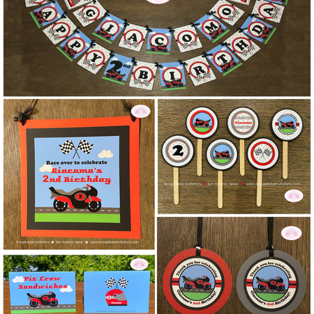 Red Motorcycle Birthday Party Package Boy Girl Motocross Grand Prix Black Street Pit Race Racing Track Boogie Bear Invitations Giacomo Theme