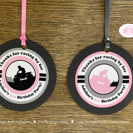Pink ATV Birthday Party Favor Tags Circle All Terrain Vehicle 4 Wheeler Off Road Quad Girl Race Track Boogie Bear Invitations Adeline Theme