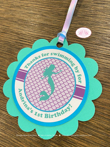 Mermaid Birthday Party Favor Tags Treat Bag Pool Purple Aqua Blue Swim Swimming Ocean Splash Beach Boogie Bear Invitations Andrina Theme