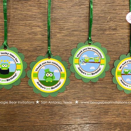 St. Patrick's Owls Party Favor Tags Birthday Girl Boy Woodland Animals Green Forest Shamrock Clover Hat Boogie Bear Invitations Ashlyn Theme