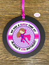 Load image into Gallery viewer, Super Girl Birthday Party Favor Tags Supergirl Hero Pink Purple Superhero Cape Power Costume Wham Pow Boogie Bear Invitations Alayna Theme