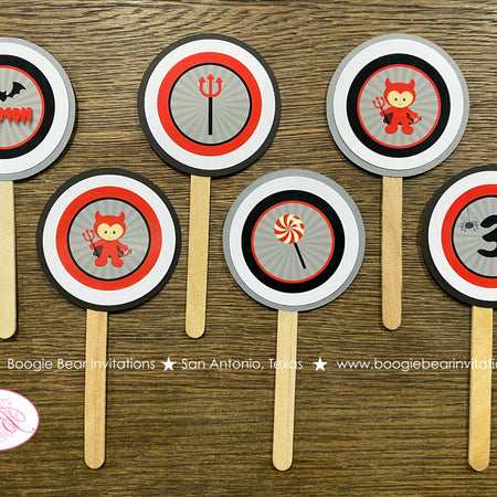 Little Devil Birthday Party Cupcake Toppers Cake Display Red Halloween Black Spider Bat Dracula Boy Girl Boogie Bear Invitations Aamon Theme