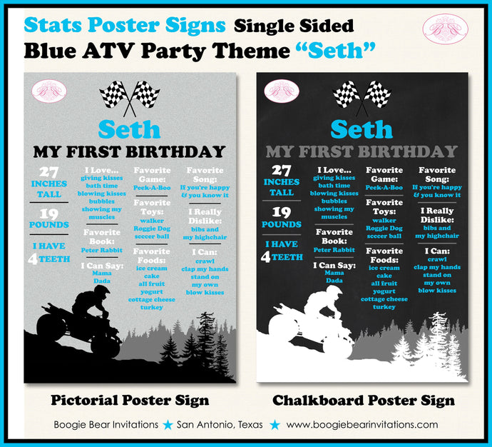Blue ATV Birthday Party Sign Stats Poster Flat Frameable Black Chalkboard Milestone Race Girl Boy 1st Boogie Bear Invitations Seth Theme