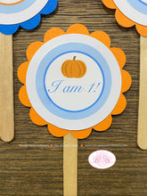Load image into Gallery viewer, Little Blue Pumpkin Party Cupcake Toppers Set Birthday Fall Autumn Orange Farm Harvest Boy Country Kid Boogie Bear Invitations Aiden Theme