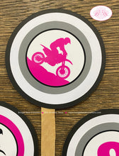 Load image into Gallery viewer, Pink Dirt Bike Birthday Party Cupcake Toppers Set Black Motocross Track Bike Enduro Motorcycle Ride Boogie Bear Invitations Roxanne Theme