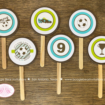 Soccer Birthday Cupcake Toppers Set Game Lime Green Blue Football Ball Sports Kick It Boy Girl Team Goal Boogie Bear Invitation Emery Theme