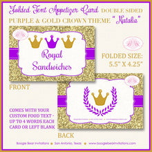Load image into Gallery viewer, Purple Gold Crown Birthday Favor Party Card Tent Place Food Appetizer Girl Royal Princess Queen Castle Boogie Bear Invitations Natalia Theme