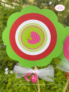 Pink Strawberry Party Centerpiece Sticks Girl Red Green Sweet Fruit Strawberries Picking Garden Pie Boogie Bear Invitations Felicity Theme