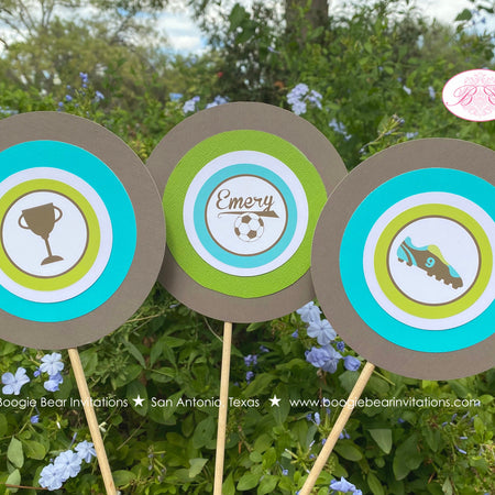 Soccer Birthday Party Centerpiece Sticks Game Lime Green Blue Football Ball Sports Kick It Boy Girl Team Boogie Bear Invitations Emery Theme