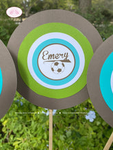 Load image into Gallery viewer, Soccer Birthday Party Centerpiece Sticks Game Lime Green Blue Football Ball Sports Kick It Boy Girl Team Boogie Bear Invitations Emery Theme