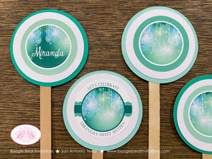 Aqua Green Glowing Ornaments Party Cupcake Toppers Birthday Teal Turquoise Glow Sweet 16 Girl Formal Boogie Bear Invitations Miranda Theme