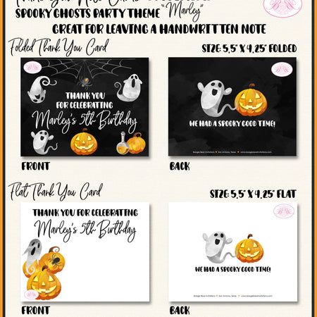 Halloween Ghosts Party Thank You Card Note Birthday Spider Web Haunted Pumpkin Hey Boo Boy Girl Boogie Bear Invitations Marley Theme Printed
