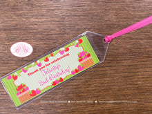Load image into Gallery viewer, Pink Strawberry Birthday Party Bookmarks Favor Girl Red Green Sweet Fruit Strawberries Picking Garden Boogie Bear Invitations Felicity Theme
