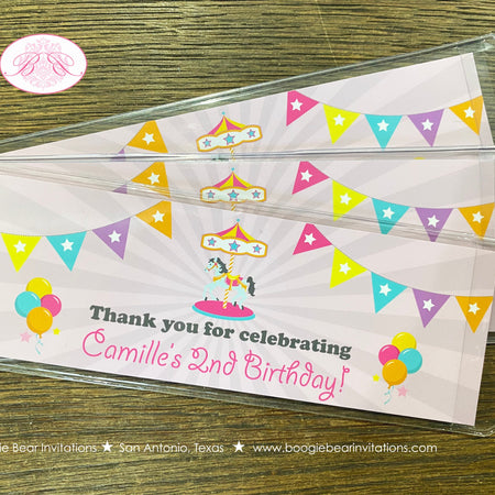 Amusement Park Birthday Party Bookmarks Favor Carousel Horse Girl Pink Blue Game Ferris Wheel Circus Boogie Bear Invitations Camille Theme